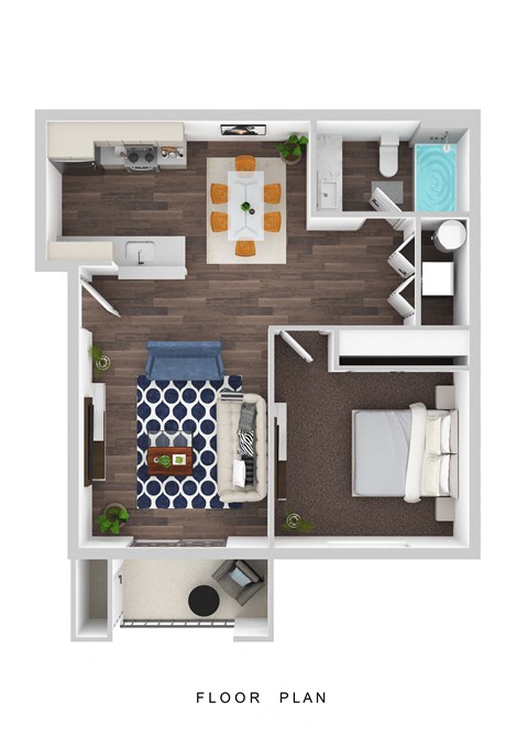 Floor plan for 1 bed, 1 bath, 636 sqft